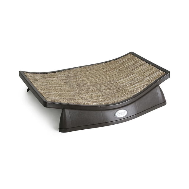 Omega Paw Siesta Cat Bed with a curved cradle shape made of durable beige home decor carpet treated with catnip oil, supported by a dark brown plastic base featuring the Omega Paw logo, designed for cats to nap and scratch comfortably.