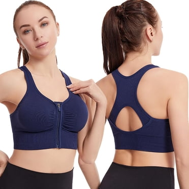 LOVZFMLL Sports Bras for Women High Impact Crisscross Back Zip Front Workout Gym Yoga Crop Tank Top Quick Dry Running Support Bra with Built in Pads Navy S