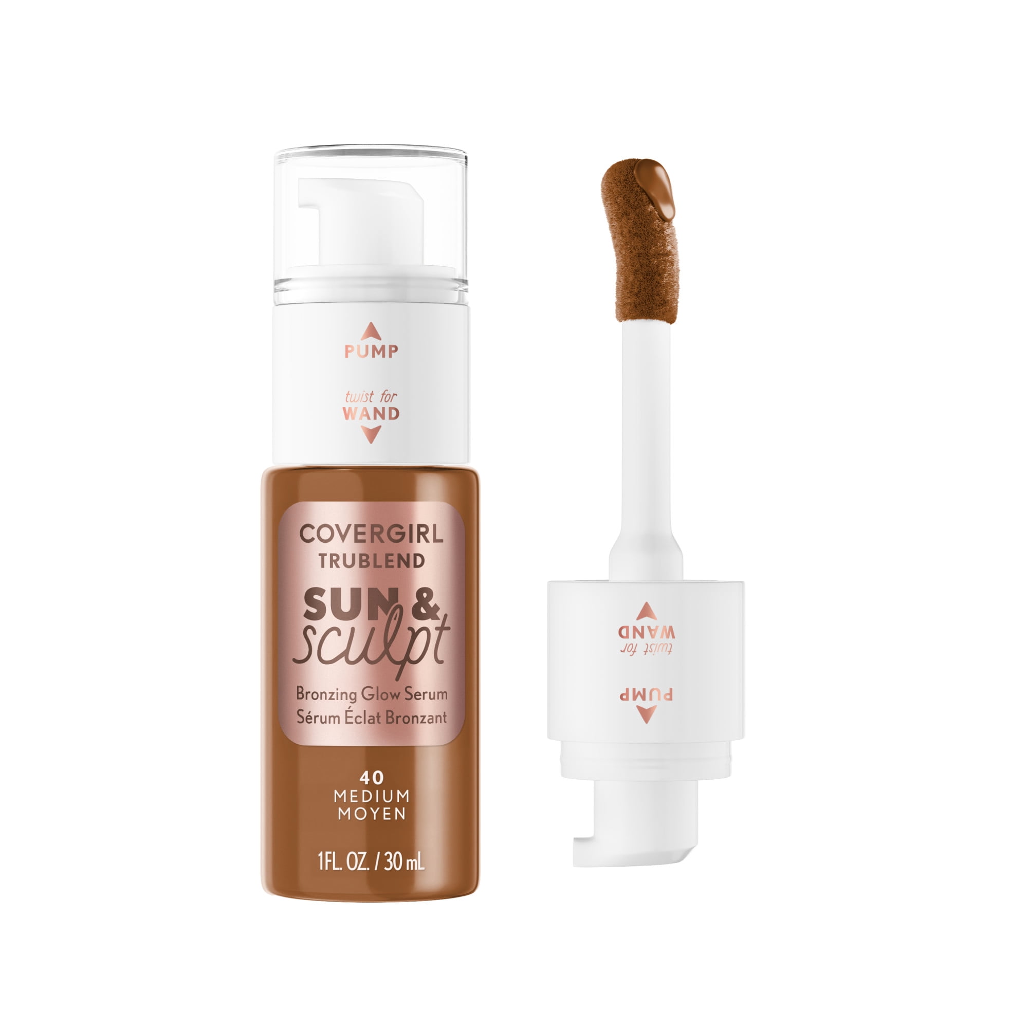 Sérum bronzant et sculptant Covergirl TruBlend Sun & Sculpt, fluide bronzant, couvrance modulable, formule vegan, éclat radieux, applicateur à embout pinceau et pompe
