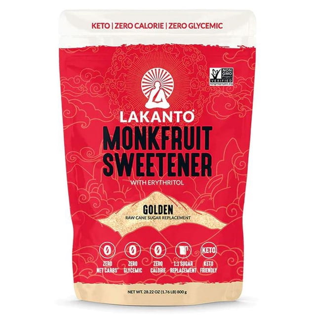 Lakanto Golden Monk Fruit Sweetener with Erythritol in an 800g resealable pouch. The packaging features a vibrant red design with golden accents and highlights its key benefits, including zero net carbs, zero glycemic response, zero calories, and keto-friendly properties. Suitable as a raw cane sugar substitute for cooking, baking, and beverages.