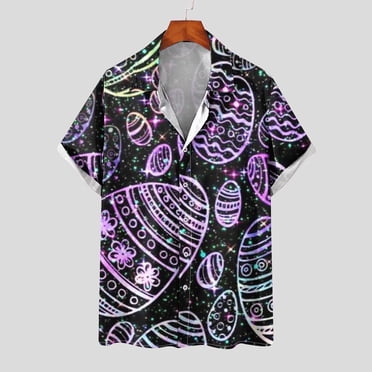 EGNMCR Chemise de Pâques pour Hommes avec Imprimé de Lapin et d'Oeufs, Chemise Hawaïenne pour Homme, Chemise Décontractée pour Homme à Boutons, Chemise à Manches Courtes à Col Rabattu, Blouse, T-Shirts pour Hommes