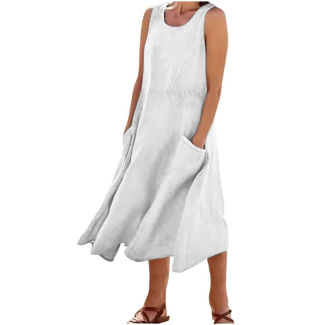 Timegard Robes d'Été pour Femmes Col Rond Ajusté Sans Manches Léger Décontracté Ample Robe avec Poches