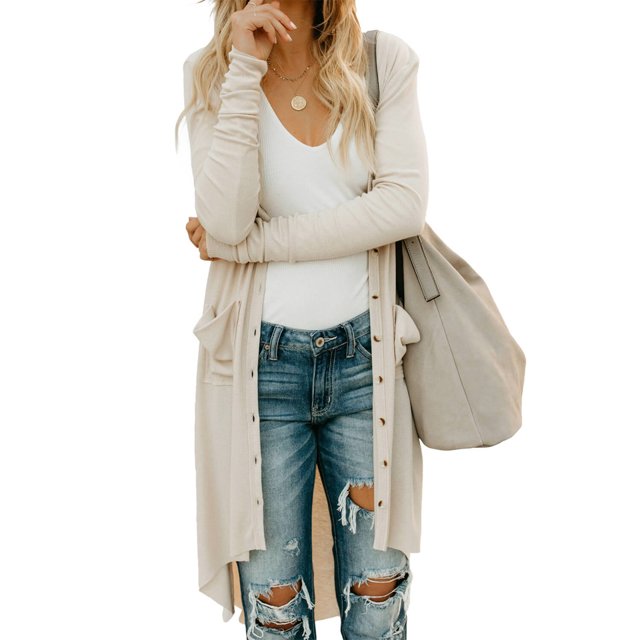 Women's Light Gray/Gray/Khaki/Apricot/Red Selected Button Down Pocketed High Low Cardigan