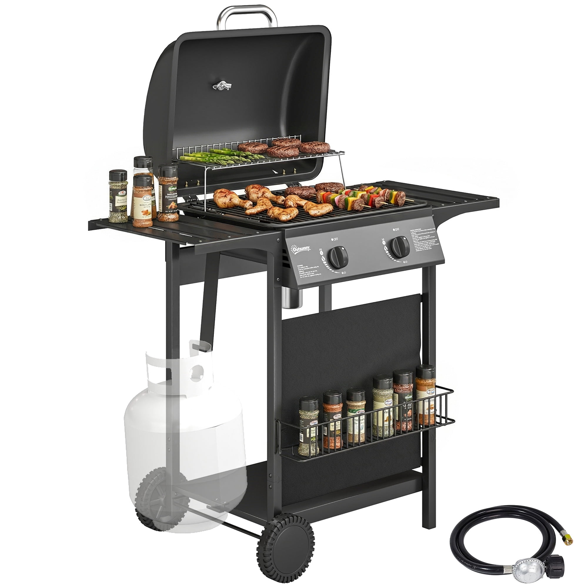 Outsunny 2-Burner Propane Gas Grill, 18000 BTU BBQ Grill with Wheels, Black