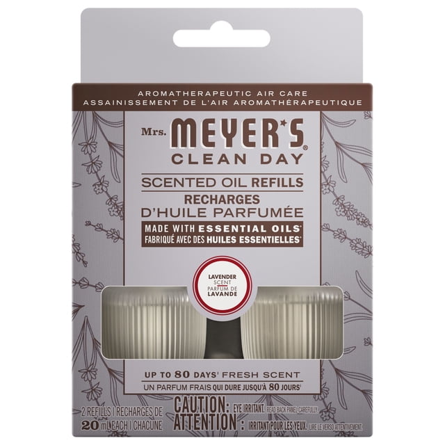 Mrs. Meyer's Clean Day Huile Parfumée à Brancher Recharge 2 Unités Lavande Contenant Deux Bouteilles en Verre Nervuré de 20 ml de Recharges d'Huile Essentielle de Lavande Faites avec des Huiles Essentielles, Sans Parabènes Ni Phtalates, Offrant jusqu'à 80 Jours de Soins de l'Air Aromathérapeutiques Frais, Idéal pour Maintenir une Qualité d'Air Domestique Agréable.