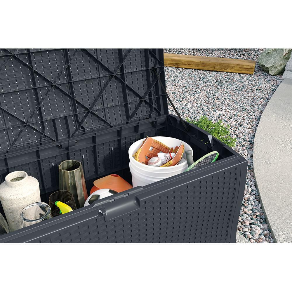 Suncast 73 gallons. Boîte de terrasse en osier en résine - Pour patio ou usage extérieur - Cyberespace