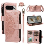 For Google Pixel 10 Pro XL 5G Wallet Case, 9 Card Slots RFID Blocking Crossbody Leather Cover, Zipper Pocket, Detachable Wrist & Shoulder Strap, Magnetic Shockproof Protective Phone Case for Women