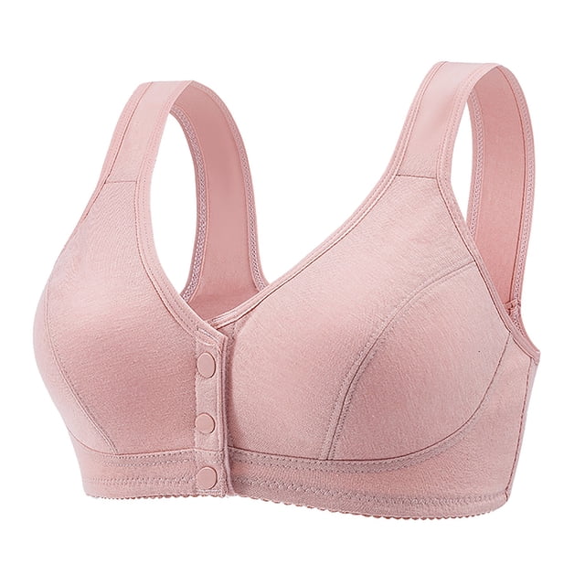 Kcodviy Womens No Steel Ring Strapless Bra for Women Front Close Bra T Bra Pack for Women Back Plus Size Seamless Womens Bras Underwire Unlined Bra for Large Woman Bra Bust. A light pink, seamless, unlined bra with a front metal closure buckle and wide straps for added support. Designed for plus-size women, it features a no underwire design for comfort and stretchable cups to accommodate larger busts. Ideal for everyday wear, especially for those with limited shoulder reach.