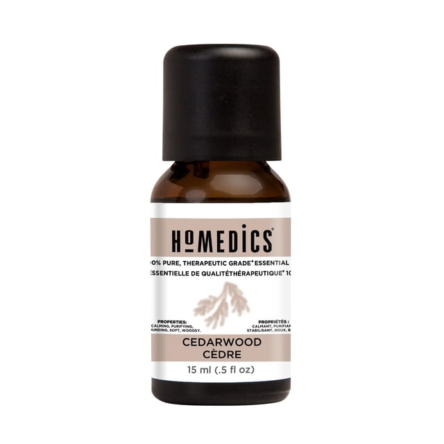 Homedics Cedarwood 15ml Essential Oil 6 Pack. A close-up view of a single 15ml amber glass bottle with a black cap, labeled with 'Cedarwood' and '100% Pure, Therapeutic Grade Essential Oil.' The label highlights calming, grounding, and purifying properties. Suitable for aromatherapy and relaxation.