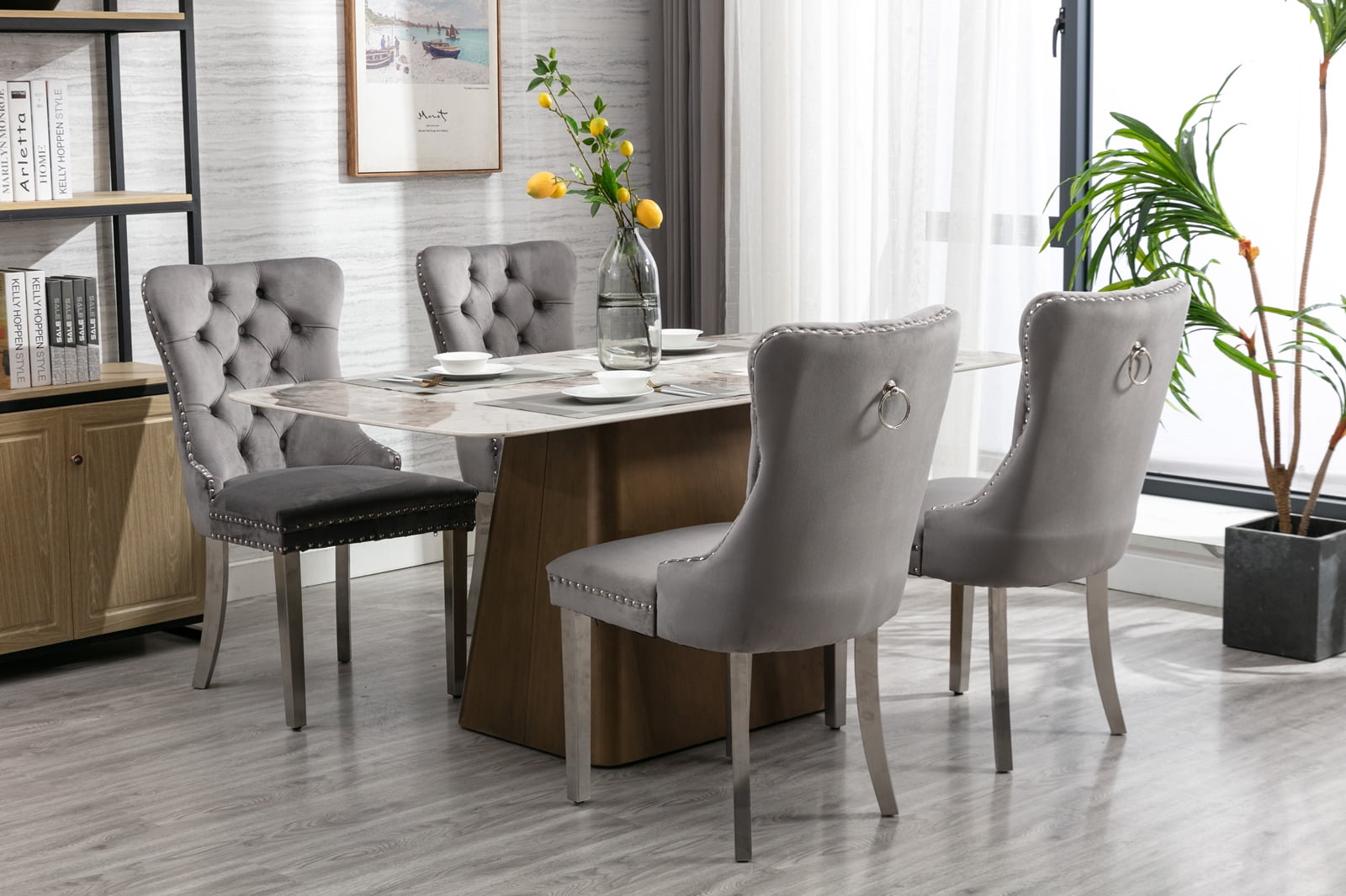 Noble House Velvet Upholstered Dining Chair Set of 2,Tufted with Siller Plated Legs & Nailhead Trim,Blue + Gold