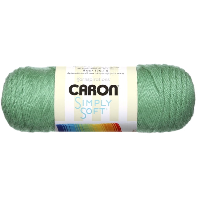 Caron Simply Soft yarn in soft green, acrylic #4 medium worsted weight, 6 oz (170 g) skein with 315 yards (288 m), smooth texture with subtle sheen, machine washable, suitable for knitting, crochet, and versatile arts and crafts projects.