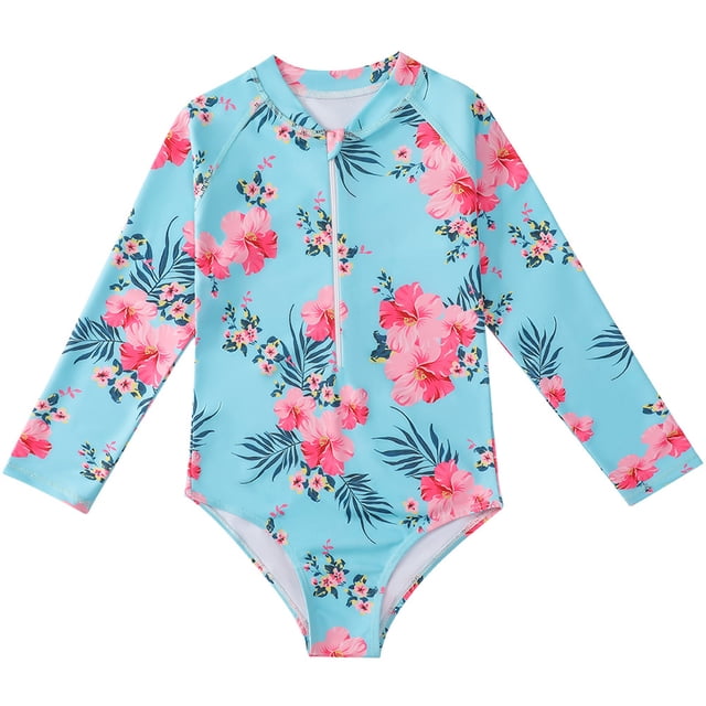 MIASHUI Girls Long Sleeve One Piece Swimsuits Floral Printing Zipper Bathing Suits,Light Blue,2-3 Years