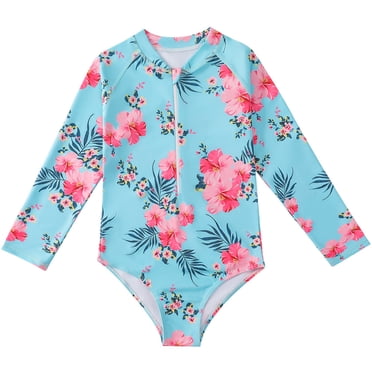PMVFHDE High Neck Swim Top Toddler Girls Long Sleeve Floral Printing Beach Bathing Suit Girls One Piece Swimwear Swimsuit,Light Blue,3-4 Years