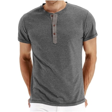 AherBiu T-Shirts en Coton pour Hommes T-Shirts Décontractés Unis pour Hommes T-Shirts à Col Rond à Boutons T-Shirts d'Été Vacances Manches Courtes