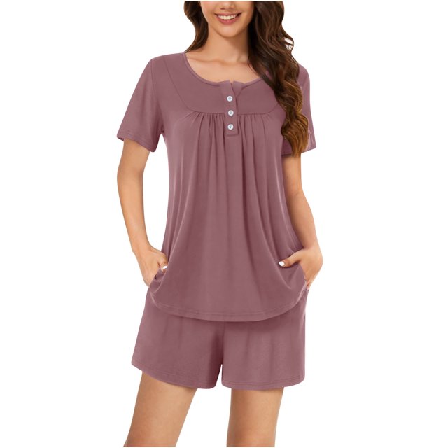 AherBiu Ensembles de Pyjama pour Femmes 2 Pcs Boutons Col Rond Hauts Ensemble de Pjs Shorts Confortables Vêtements de Nuit Vêtements de Nuit