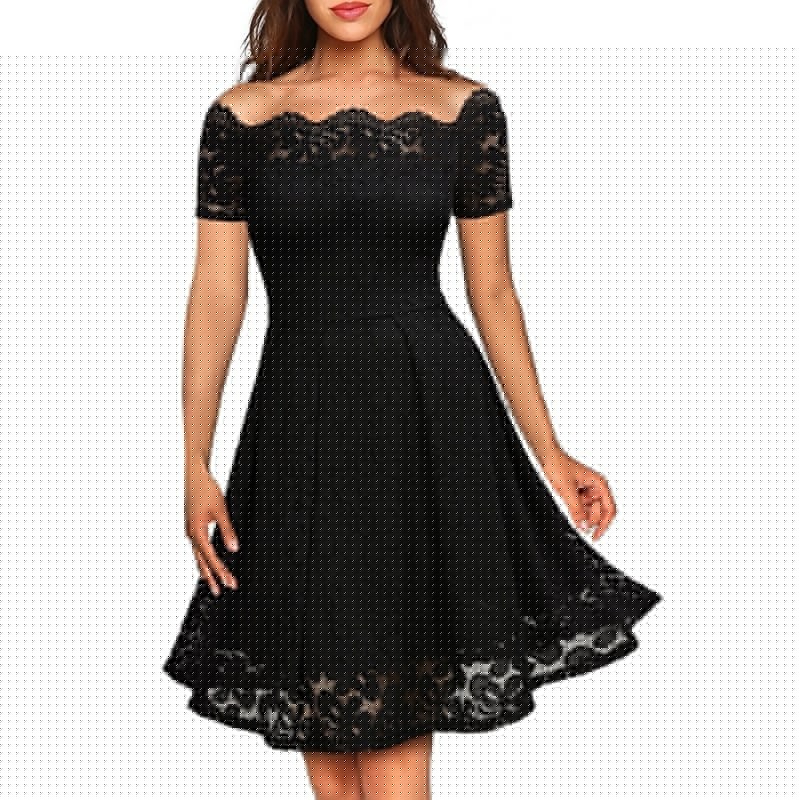 Robe en Dentelle Sans Bretelles à Manches Courtes pour Femme, Robe de Soirée Noire, avec Encolure Ronde, Jupe de Princesse Mi-Longue et Détails en Dentelle Complexes. Fabriquée en chiffon avec une composition en Polypropylène de 81 % à 90 %. La Robe a une Fermeture Éclair et Est Conçue avec des Éléments de Surpiqûres et de Patchs, Idéale pour les Cocktails et les Fêtes.