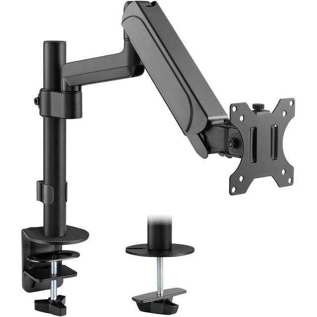 Adjustable Gas Spring Single Monitor Arm for 17 to 32 inch screens, shown in black with a sturdy design. Features a VESA-compatible mounting plate, gas spring arm for ergonomic adjustments, and two mounting options: C clamp and grommet base. Suitable for monitors up to 19.8lbs, ideal for compact workspaces or dual monitor setups.