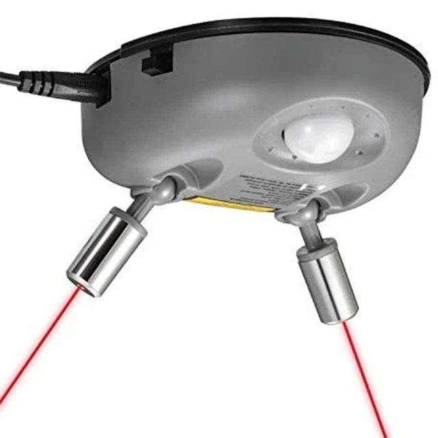 Park Dual Laser Garage Assist 360-Degree Parking Aid ABS Car Sensor featuring a compact, durable ABS material design. The device includes two adjustable laser beams for precise parking guidance, suitable for one or two-car garages. The lasers can expand to a 95-degree angle and automatically detect movement up to 10 feet, turning on when a vehicle approaches and off after 30 seconds of inactivity. The unit is shown with its dual laser emitters and connection port, designed for easy installation with included screws and anchors.
