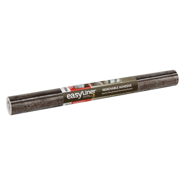 EasyLiner Contact Paper Adhesive Surfaces Shelf Liner in weathered wood pattern, rolled with a brown label highlighting removable adhesive, designed for kitchen drawer and shelf resurfacing and organization, suitable for easy measuring and cutting.