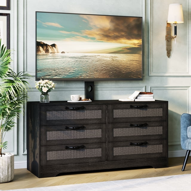 47.2" Modern TV Stand with Mount and 6-Drawer Rattan Storage, Entertainment Center for 32-85 Inch TVs, Media Console Table for Living Room