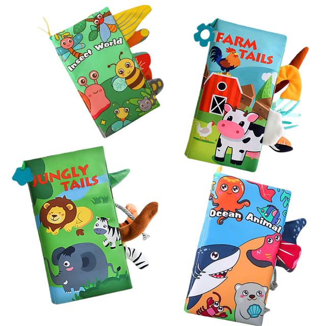 EazyTech 4 PCS Baby Books Set featuring four colorful cloth books titled 'Insect World,' 'Farm Tails,' 'Jungly Tails,' and 'Ocean Animal.' Each book includes multi-texture tails, crinkle sound pages, and vibrant illustrations designed to stimulate sensory development in infants and toddlers aged 0-12 months. The books are chewable, tearproof, and machine washable, making them safe and durable for teething and play. Ideal for early learning and parent-child interaction.