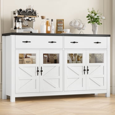 Homfa 55.1" Farmhouse Buffet Cabinet with Storage Drawer & Adjustable shelf, Kitchen Storage Cabinet with 4 Glass Door, Large Wood Sideboard Credenza for Dining Room, White & Black