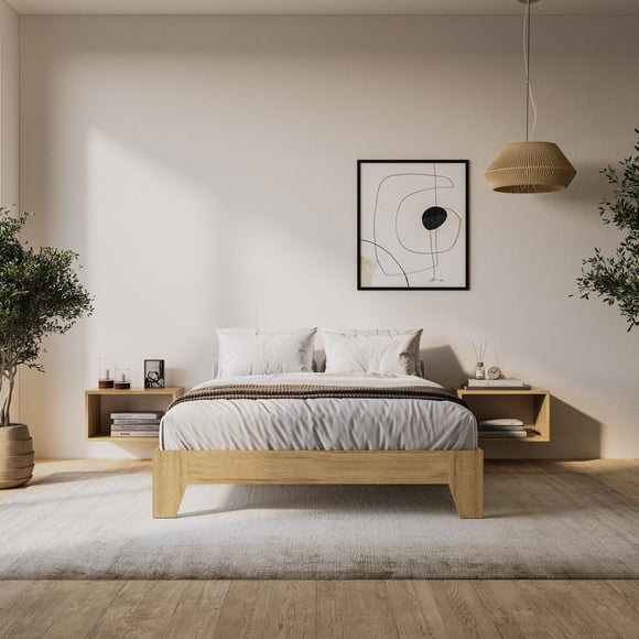 CorLiving Aiko Engineered Wood Mid Century Platform Bed Frame with Slats, No Box Spring Required