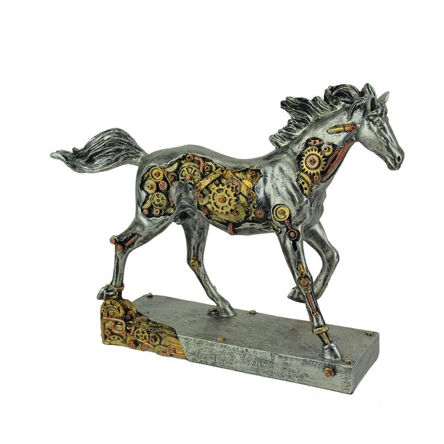 Steam Stallion Metallic Silver Running Steampunk Horse Statue