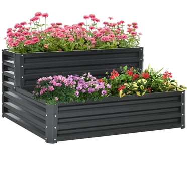 Outsunny 2 Tier Raised Garden Bed Galvanized Steel Planter Box, Dark Grey