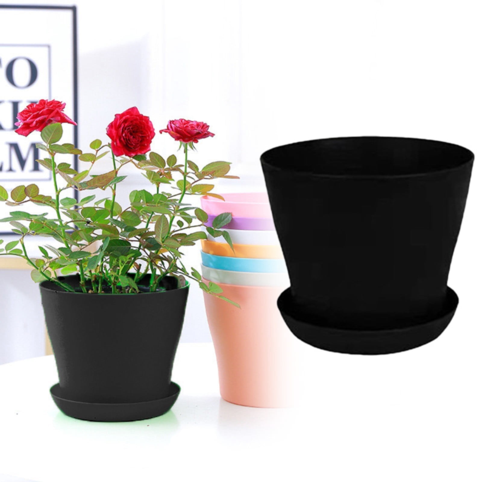 Clearance!Musol Plant Pots Indoor Outdoor, Colorful Plant Flower Pots with Drainage Holes and Saucers Plastic Planters Nursery Pots for Garden Plants Flowers Succulents,Black