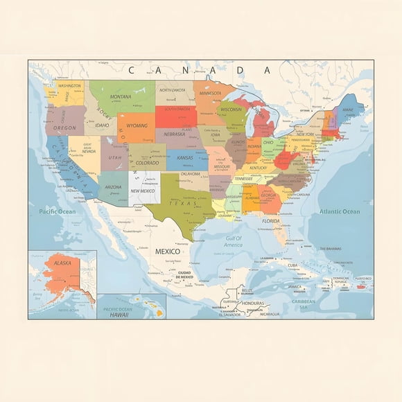Meitianfacai 2025 Vintage Style USA Color Map 12x18 Inches Art Print With Gulf Of Mexico And Mount McKinley Markings For Wall Decoration And Educational Reference