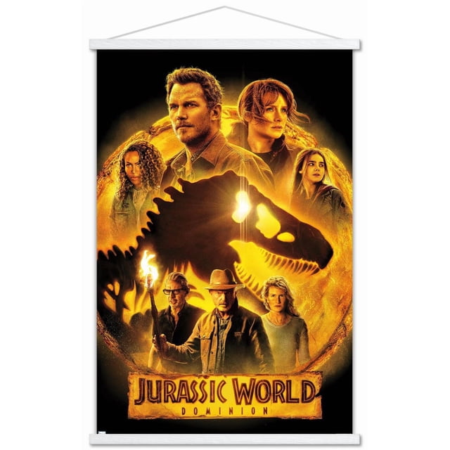 Monde Jurassique : Dominion - Affiche Murale de Groupe un, 14,725 Po x 22,375 Po Encadrée, Présentant une silhouette de Squelette T-Rex orange Lumineux Centrée avec Sept Personnages Autour, l'Un Tenant une Torche, sur un Fond Noir avec le Titre du Film au Bas, Idéale pour la Déco Murale de la Maison Ou du Bureau.