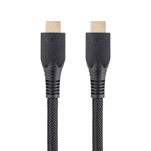 onn. 4 FT./1.2 m High Speed HDR 4K Premium HDMI Cable with black braided nylon exterior and gold-plated connectors, supporting 4K 60Hz video and 7.2 surround sound, suitable for HDTVs, Blu-Ray players, and gaming consoles, shown front-facing on white background.