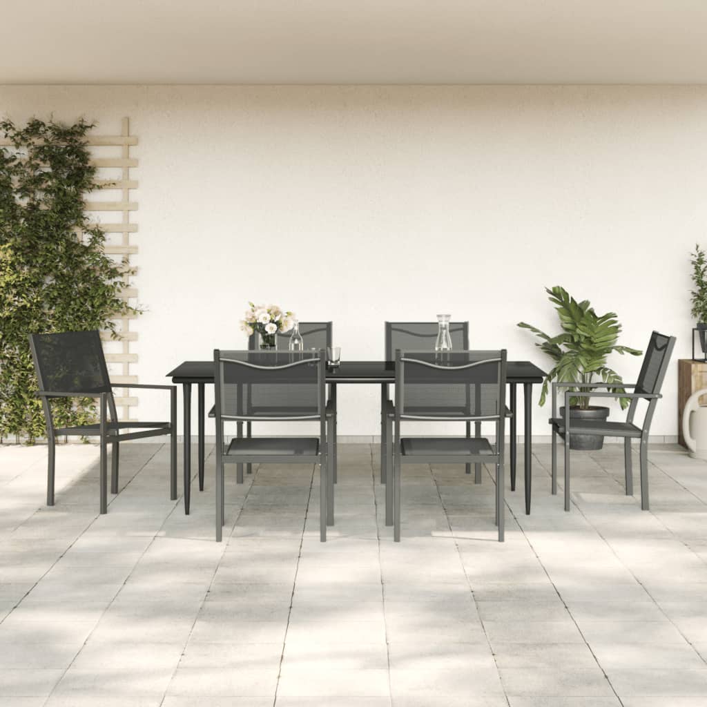vidaXL 7 Piece Garden Dining Set Black Steel and Textilene