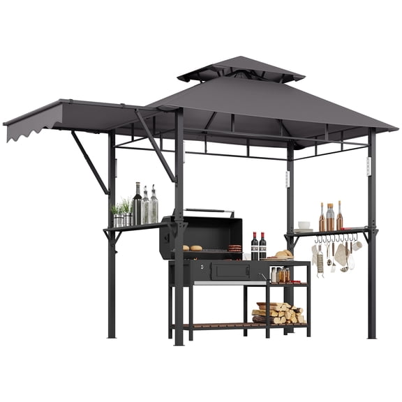 Gazebo pour Gril 8 X 5 Pi avec Lumières DEL et Tablettes, Auvent en Acier Robuste avec Crochets, Abri BBQ Résistant aux Intempéries pour Patio, Jardin, Cour Arrière, Café/kaki/gris