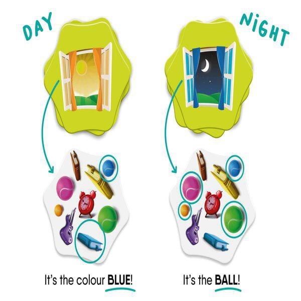 FlexIQ: Switch it! - Jeu de Vitesse de Réaction Montrant des Scènes du Jour et de la Nuit avec des Fenêtres Ouvertes Affichant le Soleil et la Lune. la Scène du Jour Met en Valeur la Couleur Bleue parmi Divers Objets, pendant Que la Scène Nocturne Se Concentre sur le Repérage de la Forme de la Balle, Mettant l'Accent sur l'Observation Rapide et les Habiletés de Réaction.