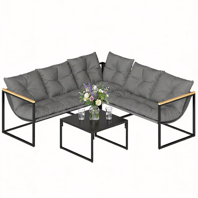 Outsunny Ensemble de Mobilier de Patio 4 Pcs avec Coussins Table Basse, Gris