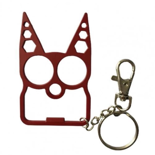 Cartoon Cat Face Shape Finger Tiger Opener Screwdriver Key Chain Multifunctional Keyring made of stainless steel, featuring a trendy red design with rabbit ear-like cat details. Ideal as a travel accessory or keychain ornament for purses, handbags, or travel bags.