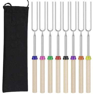 Bâtons de Rôtissage Extensibles en Forme de Guimauve - Ensemble de 8 Brochettes Télescopiques Smores et Fourchettes Hot-Dog avec Poignée en Bois pour Foyer Feu de Camp - Trousse BBQ en Acier Inoxydable de 32 Pouces pour Camping Extérieur