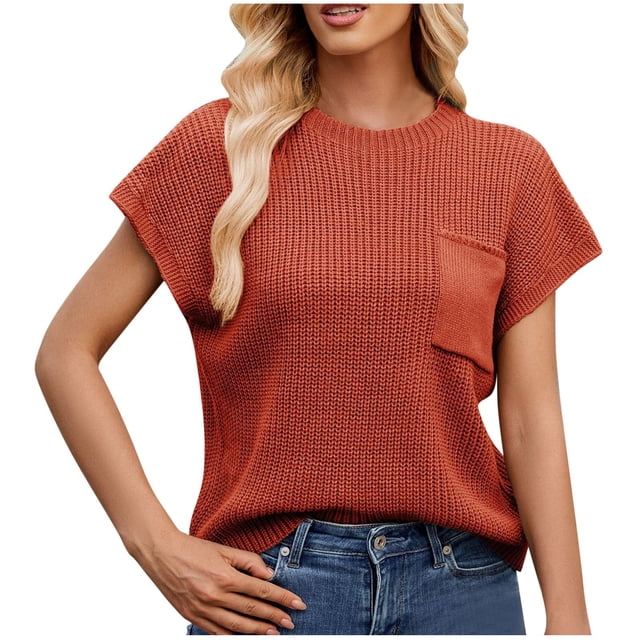 Timegard Hauts pour Femmes Manches Cap Tricot Col Rond T-Shirts Décontractés Haut Uni avec Poche