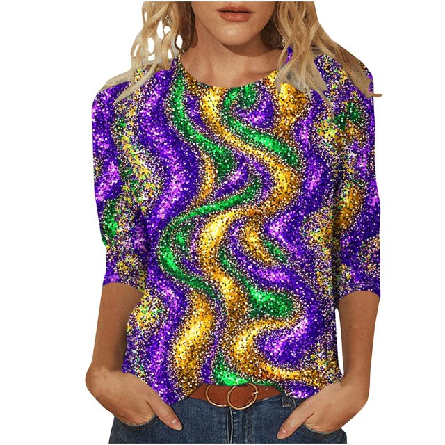 Penkiiy Blouse Carnaval Manches 3/4 Chemise de Printemps Quotidienne Tee Imprimé Masque Blouse Mardi Gras Col Rond 2024 Tee Tunique Habillée S Multicolore
