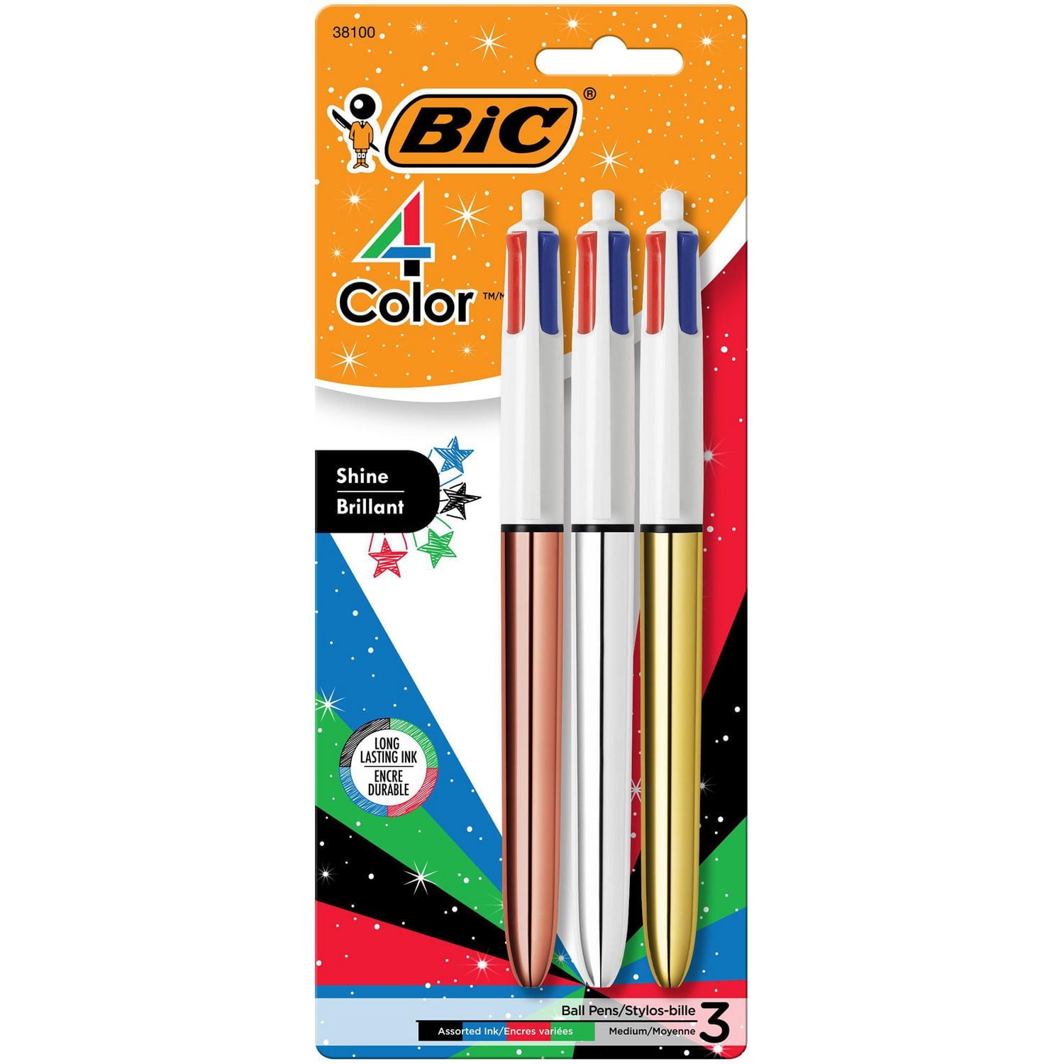 BIC 4-Color Shine Retractable Metallic Ball Pens, Medium Point (1.0 mm), 3-Count Pack, Retractable Ball Pen With Long-Lasting Ink