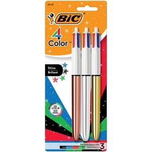 BIC 4-Color Stylos à billes métalliques rétractables brillants, point moyen (1.0 mm), 3-Count Pack, Stylo à bille rétractable avec encre longue durée