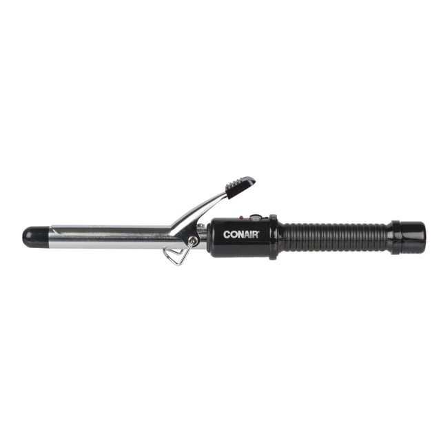 Conair® 3/4" Instant Heat Ceramic Curling Iron with silver ceramic barrel and black ribbed handle, featuring a clamp lever, electronic touch controls, and Conair logo, offering 35 temperature settings and auto shut-off for safe, consistent curls, also suitable for quick styling of all hair types.