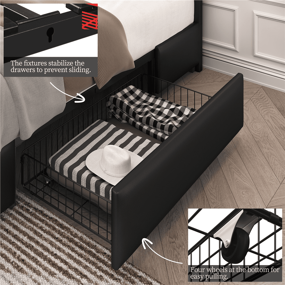 FullFurnique Upholstered Platform Bed Frame with Adjustable Headboard and 3 Drawers Storage, Full, Black