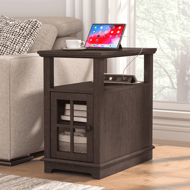FAGAGA Tables d'Appoint pour Salon, Table de Chevet en Bois pour Chambre avec Station de Recharge, Espresso