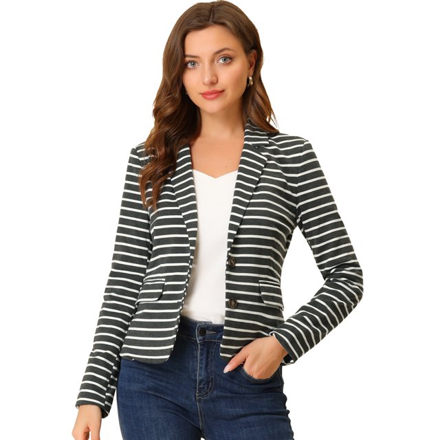 INSPIRE CHIC Blazer à Rayures pour Femme à Revers Cranté, Manches Longues, Boutonné, m Gris Blanc