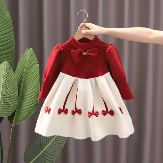 RXIRUCGD Robe à Manches Longues à Col Rond pour Fille de 1 à 8 Ans, Mignonne, en Dentelle Patchwork, avec Nœud Loli ( Bordeaux, Taille : 2-3 Ans )