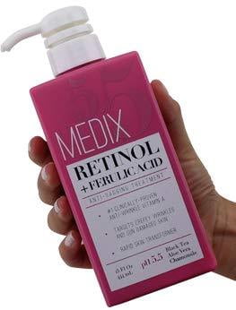 Medix 5.5 Retinol Cream with Ferulic Acid Anti-Sagging Treatment. Targets Crepey Wrinkles and Sun Damaged Skin. Anti-Aging Cream Infused With Black Tea, Aloe Vera, And Chamomile (15oz) 15o