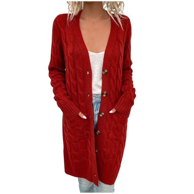 FAIWAD Cable Knit Long Cardigan for Women Long Sleeve Open Front Button Sweaters Coat with Pockets
